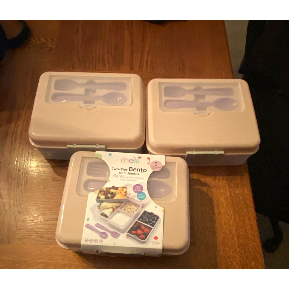 Bento Box Set of 3-melii Two-Tier , 6 Compartment Snap Lid Pink/Blue/Purple
